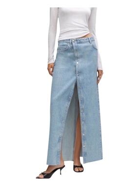 MANGO Danica Maxi Skirt Mid Waist, Front Snap, Rear Slit, Raw Hem, Size M.